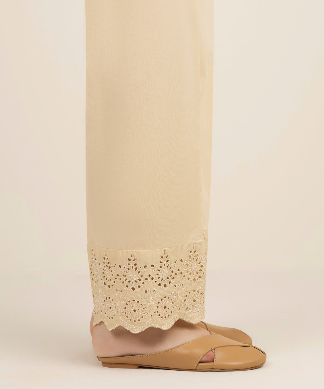 Women's RTW Cotton Embroidered Beige Straight Pants