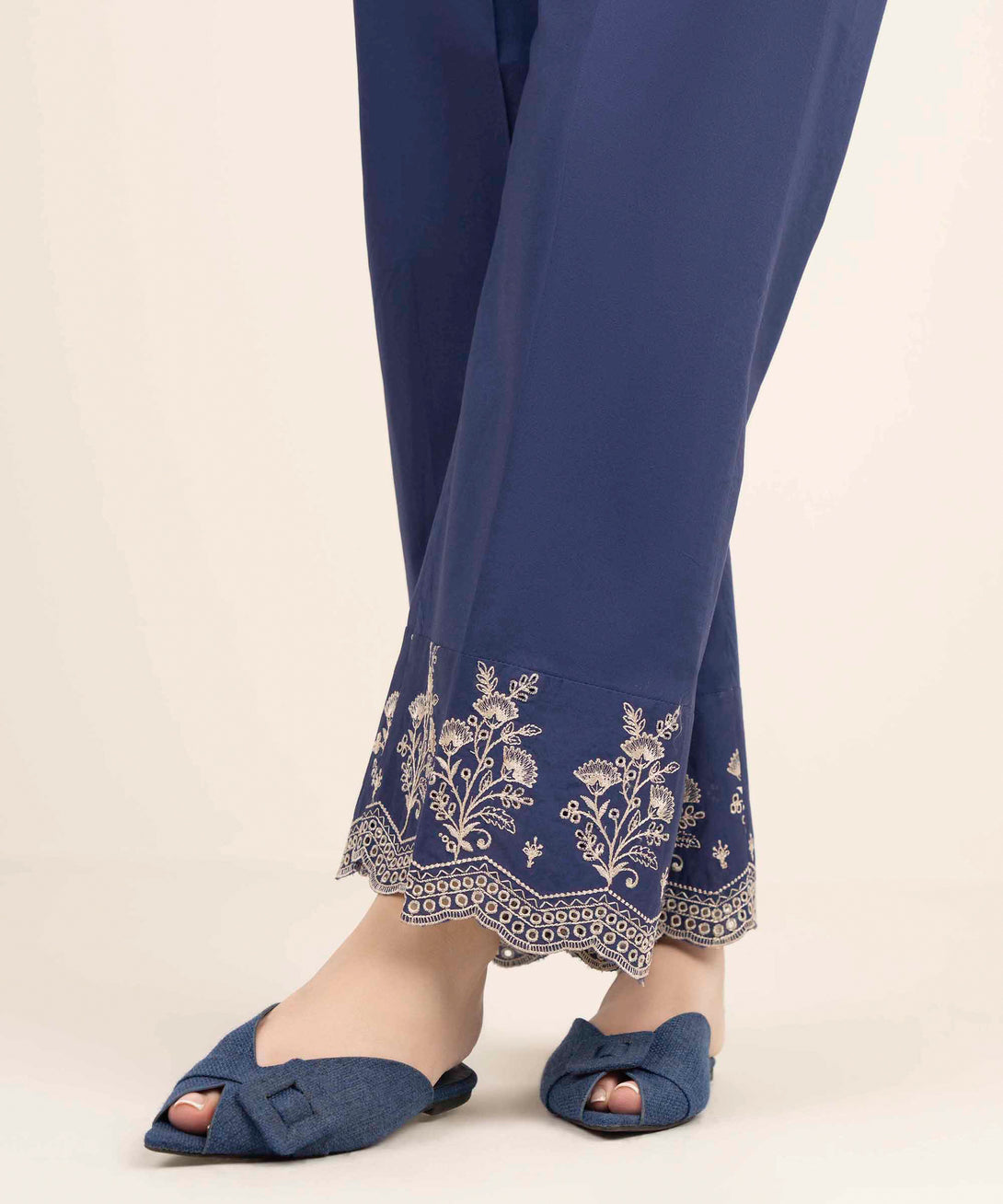 Women's RTW Cambric Embroidered Blue Straight Pants