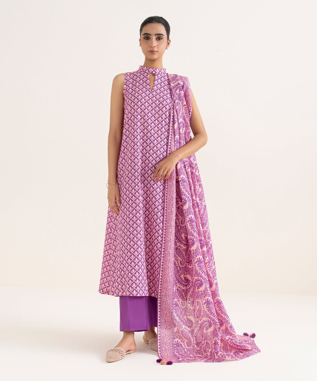 Women's Unstitched Lawn Printed Magenta Three Piece Suit