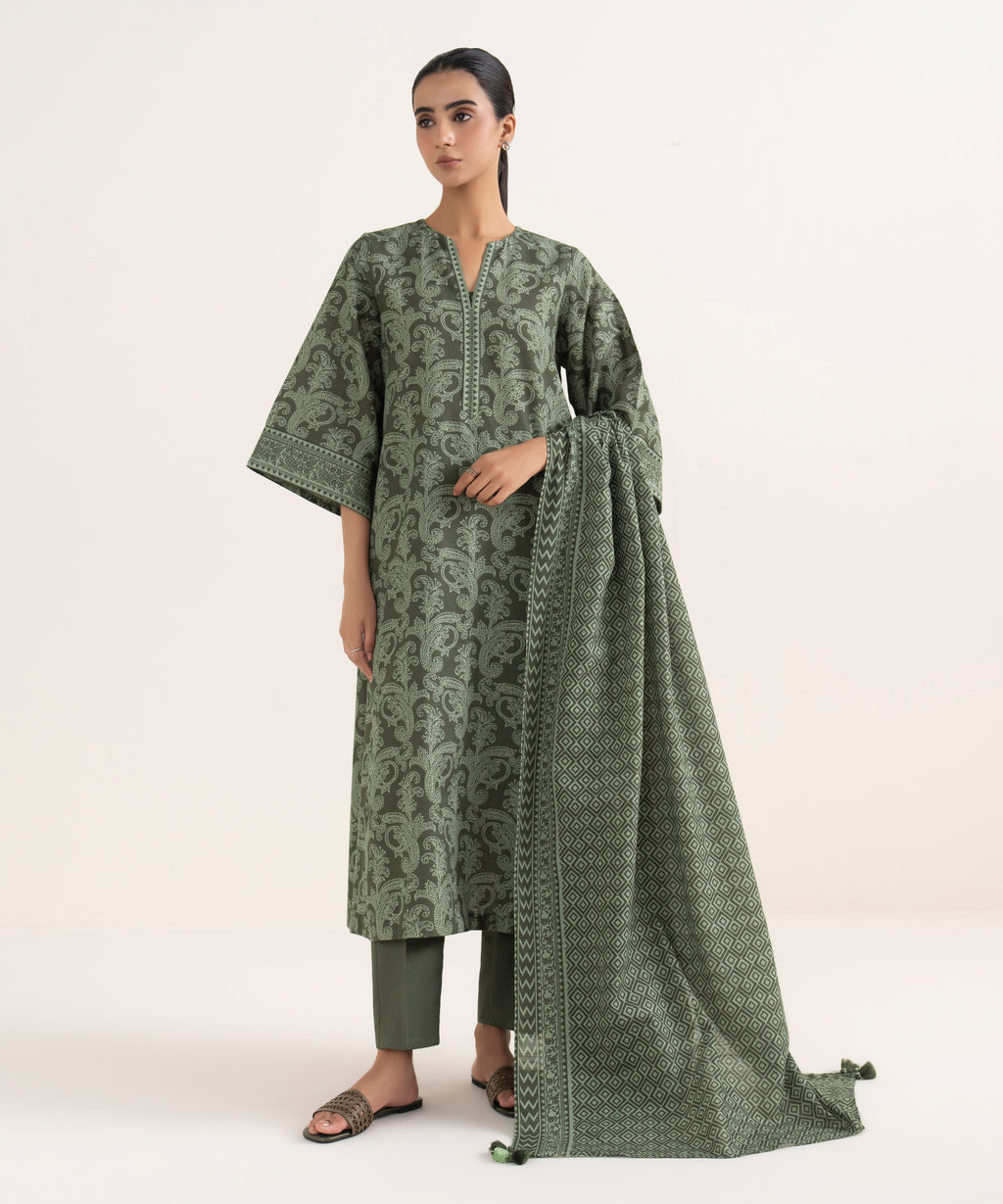 Women's Unstitched Lawn Printed Green Three Piece Suit