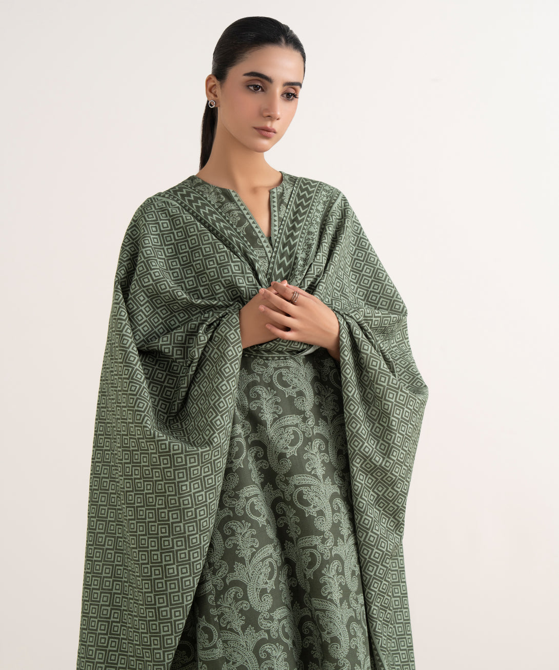 Women's Unstitched Lawn Printed Green Three Piece Suit