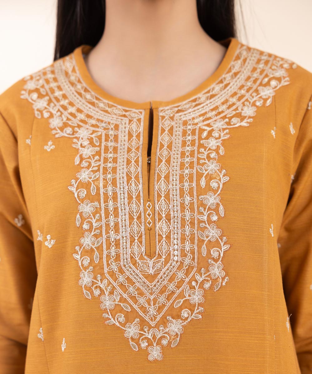 Women's Unstitched Khaddar Embroidered Orange 2 Piece Suit