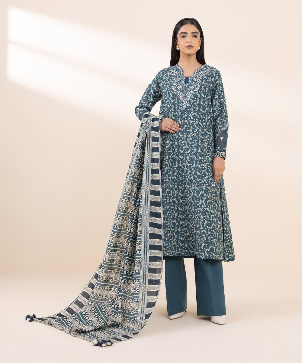 Women's Unstitched Khaddar Embroidered Blue 2 Piece Suit