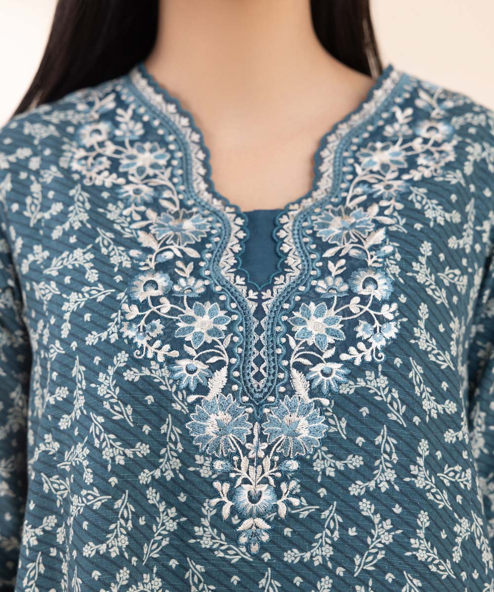 Women's Unstitched Khaddar Embroidered Blue 2 Piece Suit