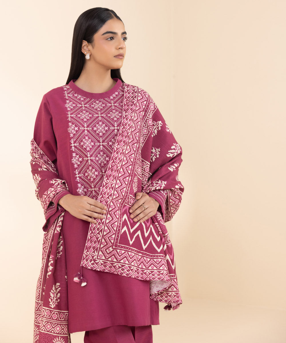 Women's Unstitched Khaddar Embroidered Pink 2 Piece Suit