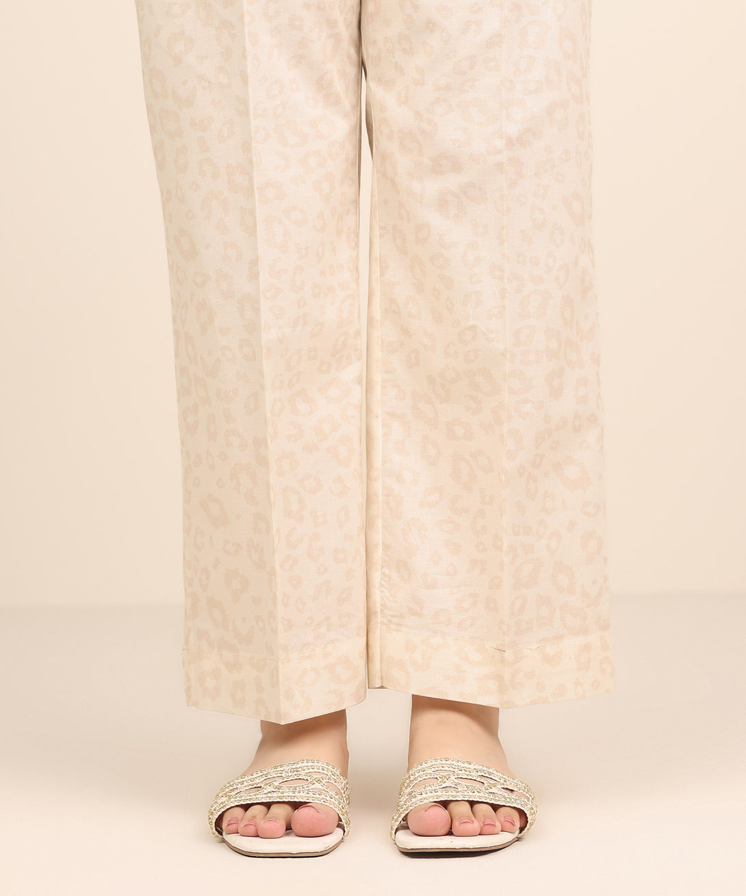 Women's RTW Cambric Beige Printed Straight Pants