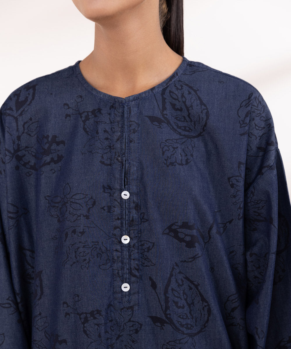 Women's Pret Denim Blue Printed Boxy Shirt