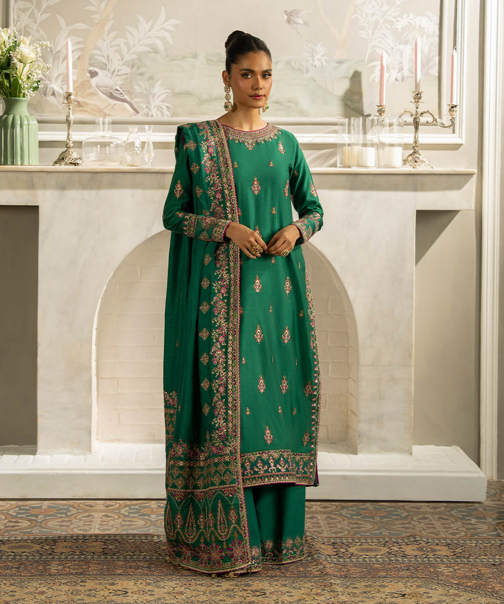 Women's Unstitched Forest Green Cotton Net Three Piece Suit