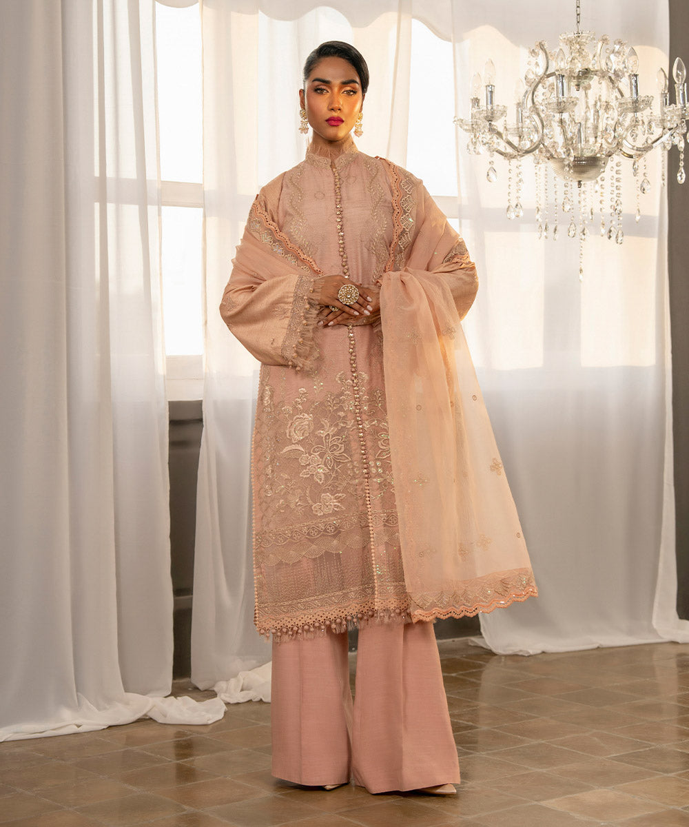 Women's Unstitched Peachy Pink Raw Silk Three Piece Suit