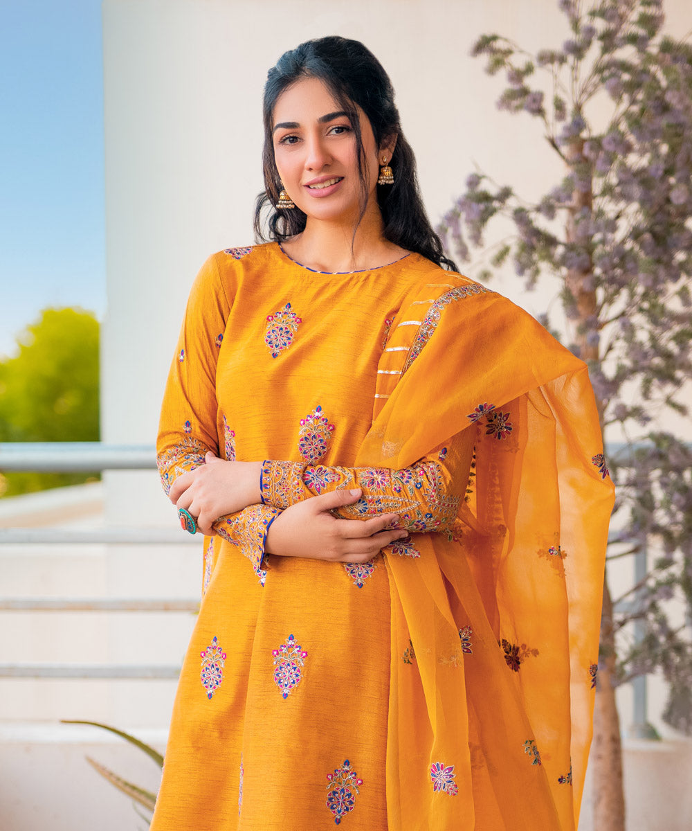 Women's Unstitched Raw Silk Embroidered Mustard Yellow 3 Piece Suit