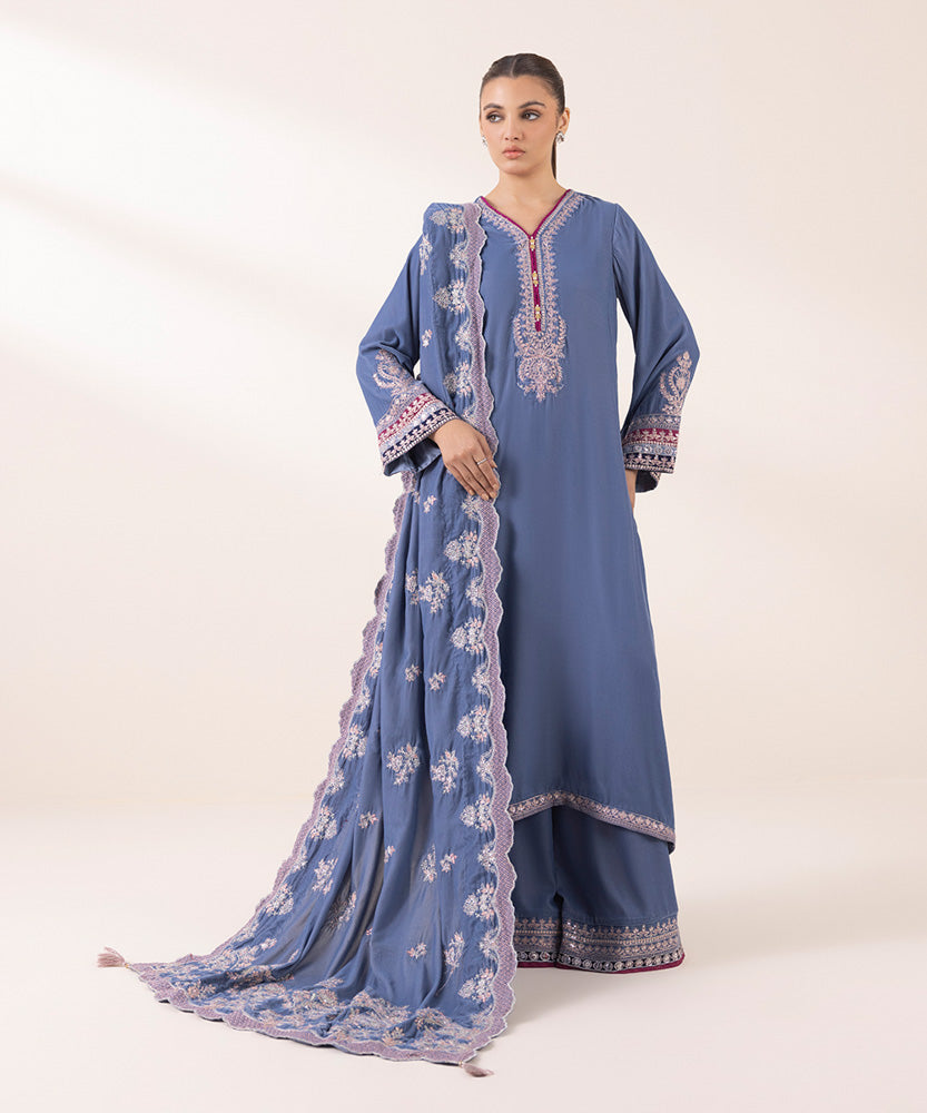 Women's Pret Solid Embroidered Steel Blue Velvet Dupatta