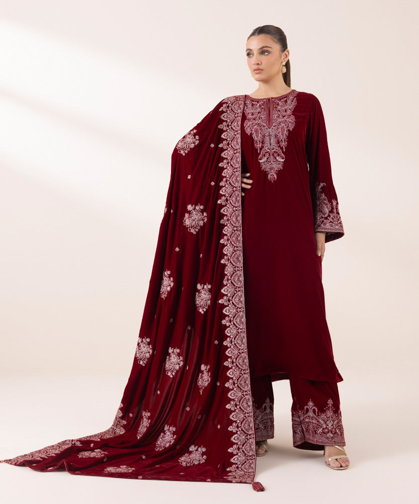 Women's Pret Solid Embroidered Maroon Velvet Dupatta