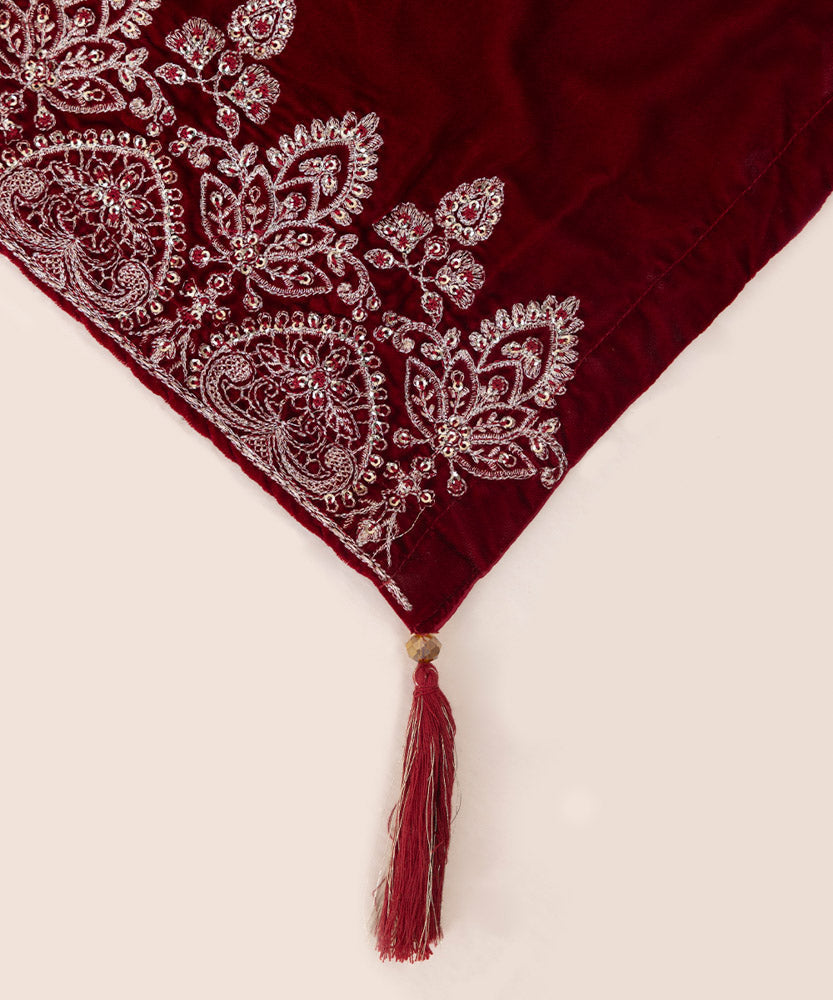 Women's Pret Solid Embroidered Maroon Velvet Dupatta