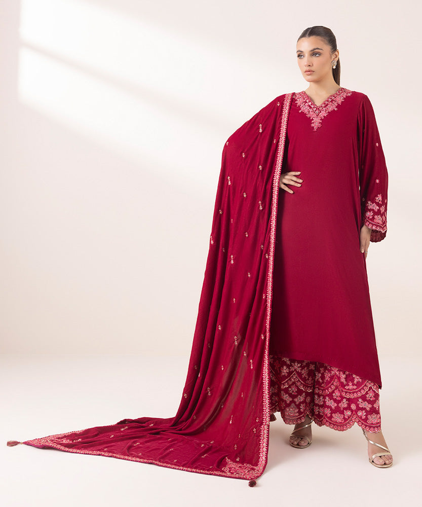 Women's Pret Solid Embroidered Bright Red Velvet Dupatta