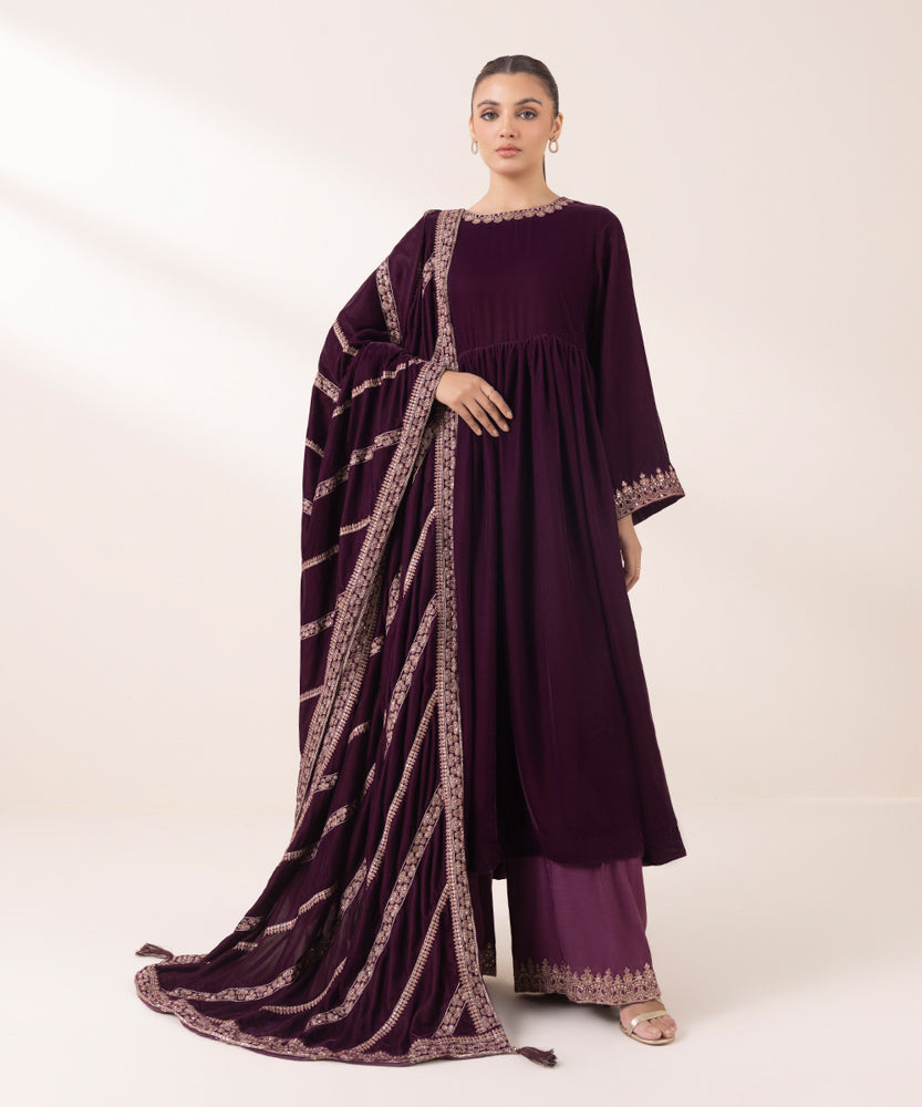 Women's Pret Solid Embroidered Mulberry Purple Velvet Dupatta