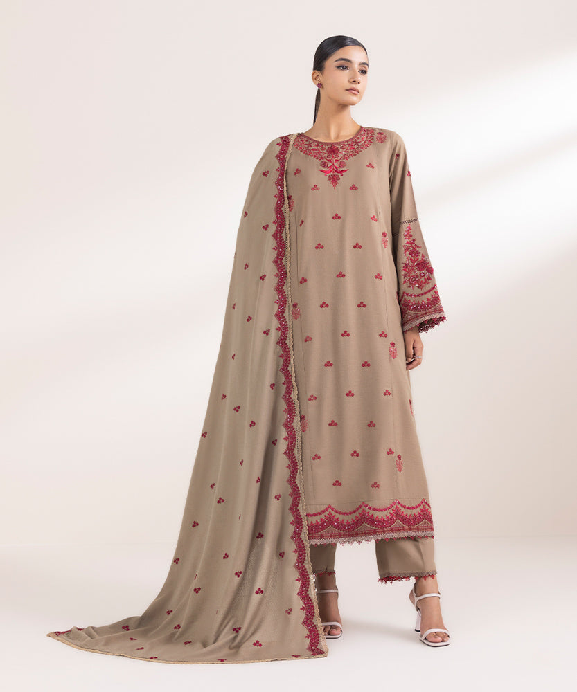 Women's Pret Solid Embroidered Peanut Brown Cotton Karandi Dupatta