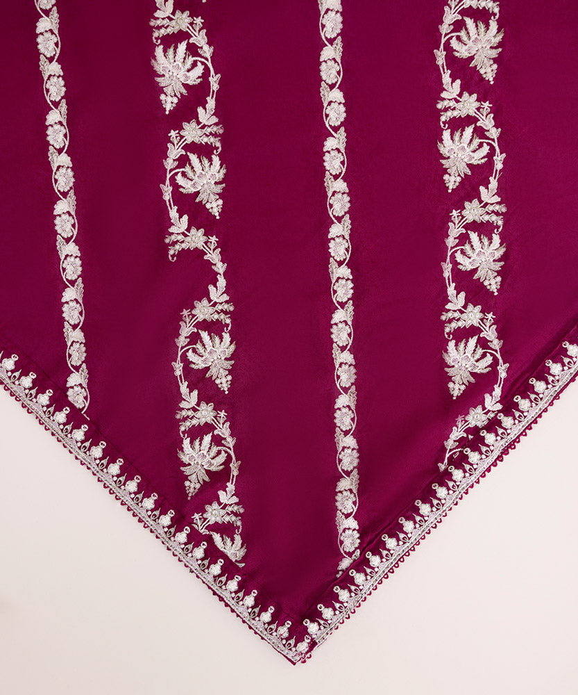 Women's Pret Solid Embroidered Magenta Cotton Karandi Dupatta