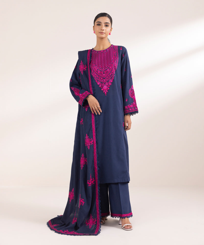 Women's Pret Solid Embroidered Navy Blue Cotton Karandi Dupatta