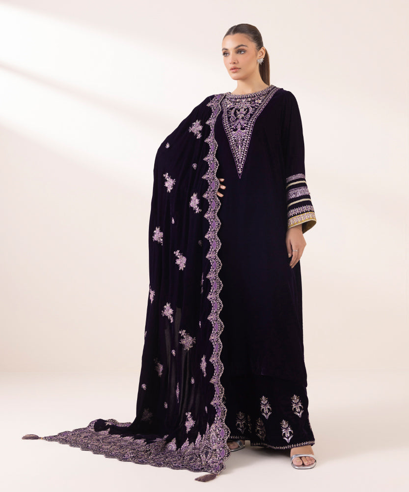 Women's Pret Solid Embroidered Eggplant Purple Velvet Dupatta