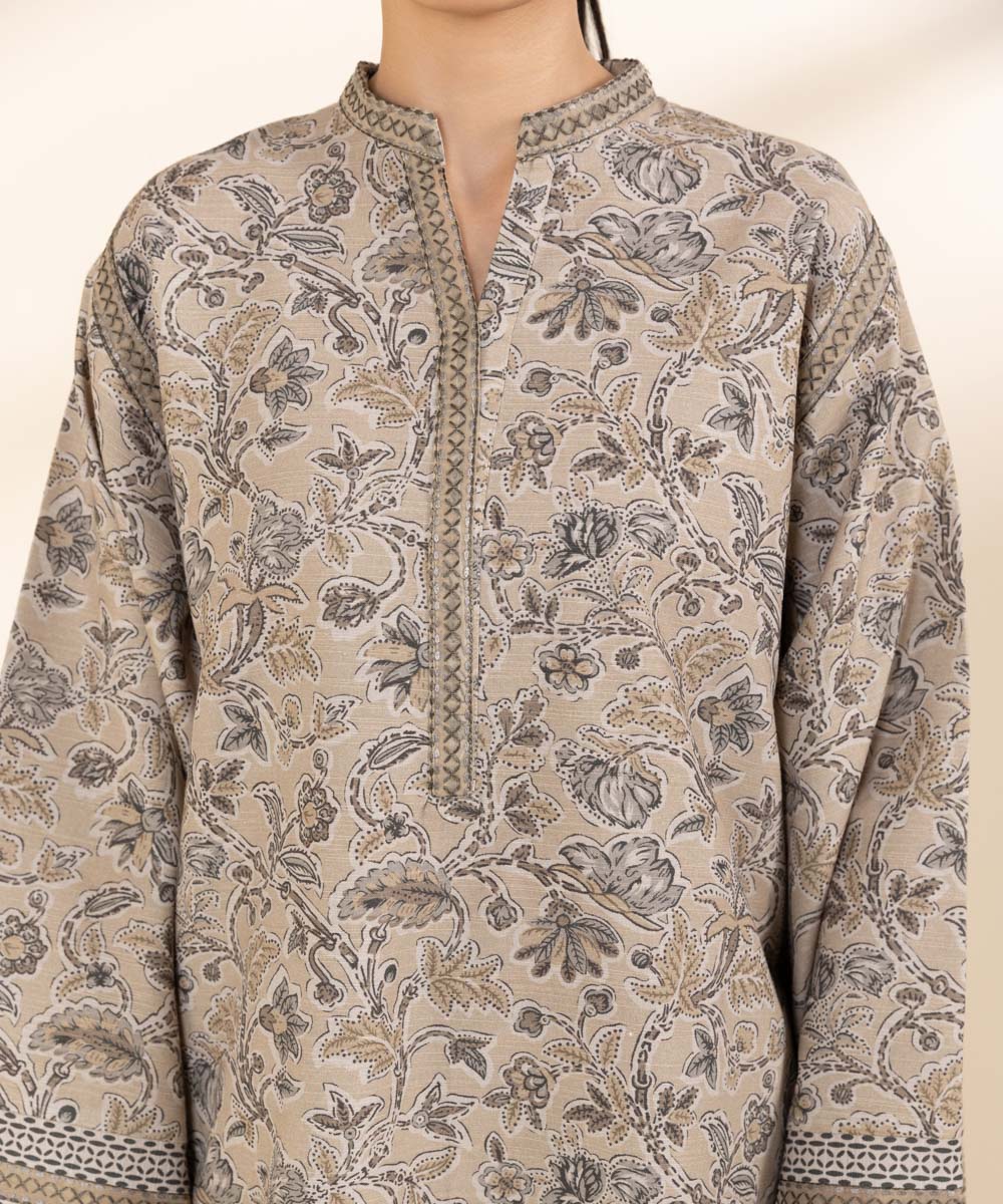 Women's Unstitched Light Khaddar Beige Embroidered 3 Piece Suit 