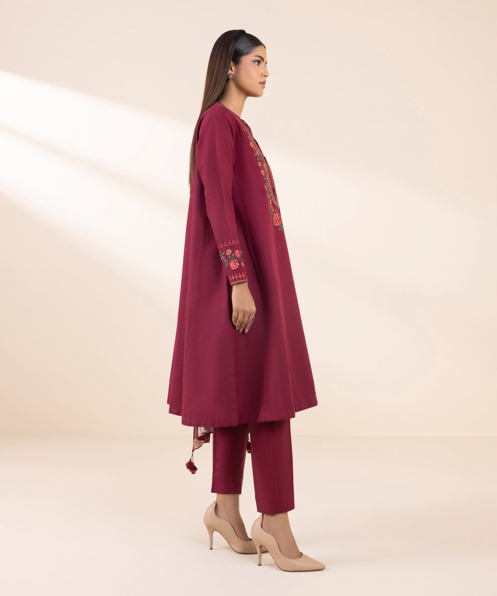 Women's Unstitched Khaddar Embroidered Pink 3 Piece Suit