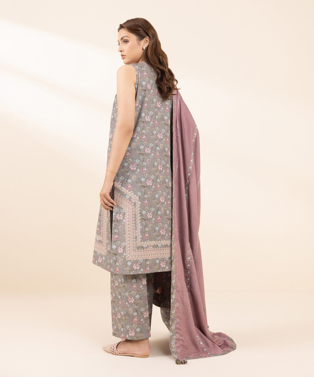 Women's Unstitched Khaddar Embroidered Grey 3 Piece Suit