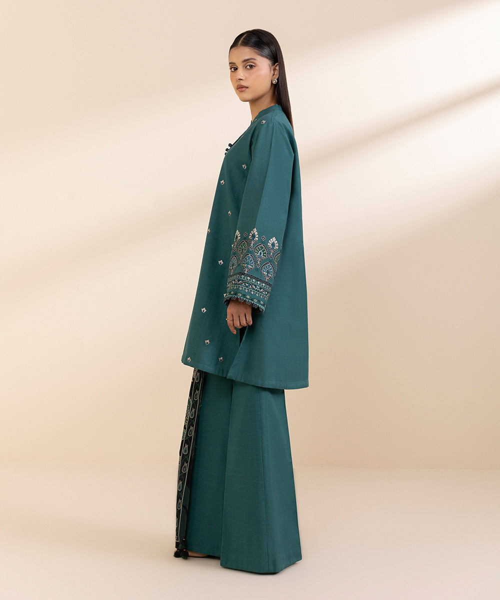 Women's Unstitched Khaddar Embroidered Green 3 Piece Suit