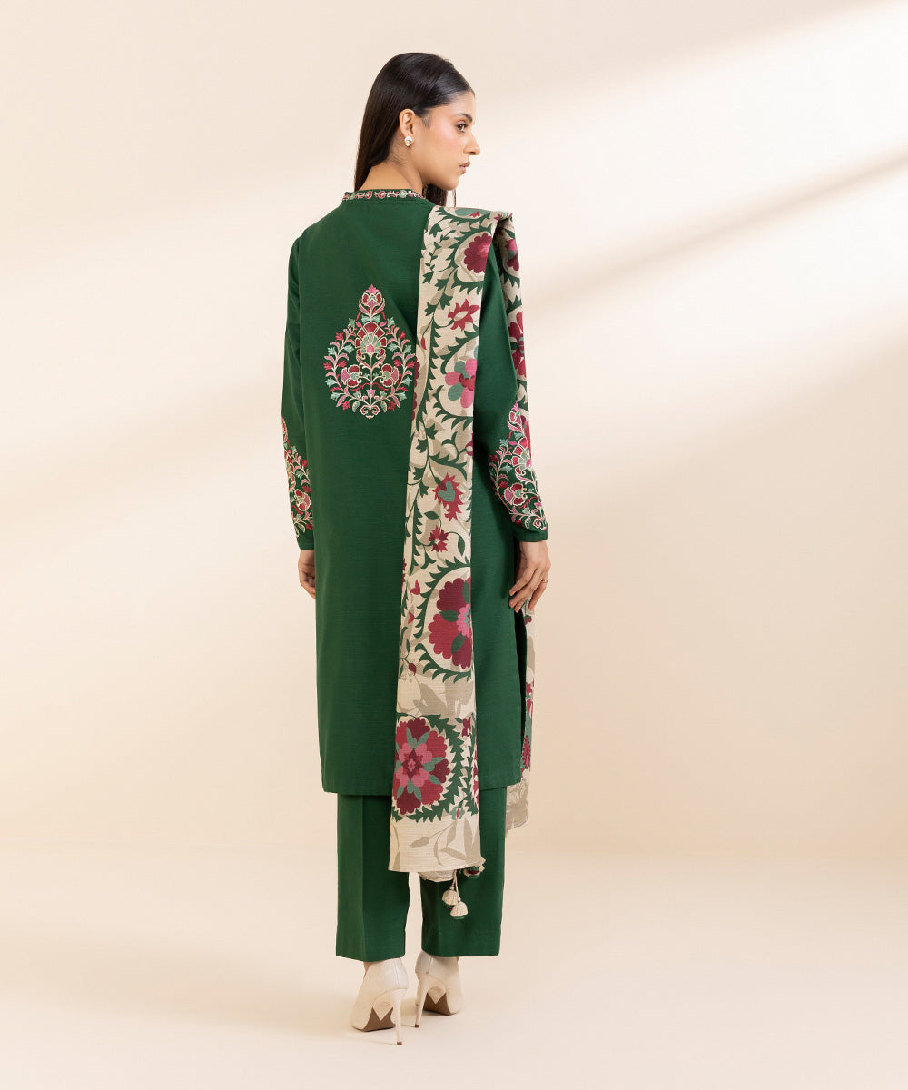 Women's Unstitched Khaddar Embroidered Green 3 Piece Suit