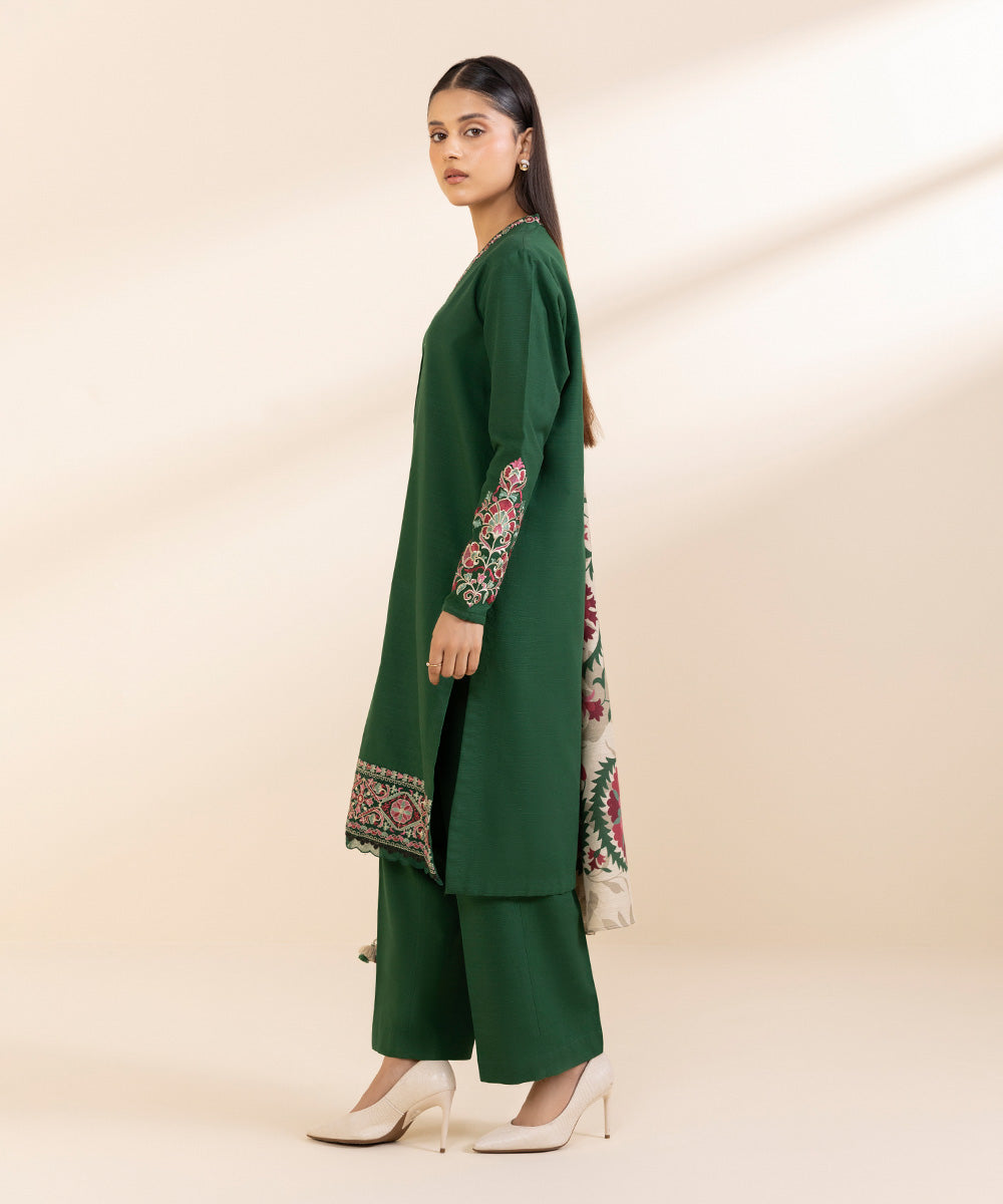 Women's Unstitched Khaddar Embroidered Green 3 Piece Suit