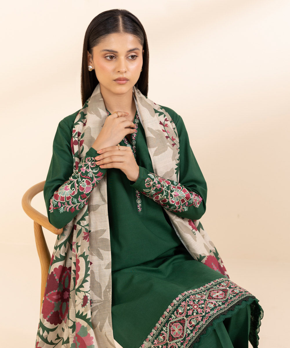 Women's Unstitched Khaddar Embroidered Green 3 Piece Suit