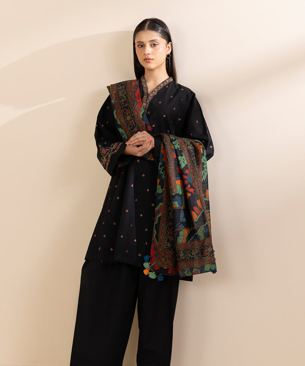 Women's Unstitched Khaddar Embroidered Black 3 Piece Suit