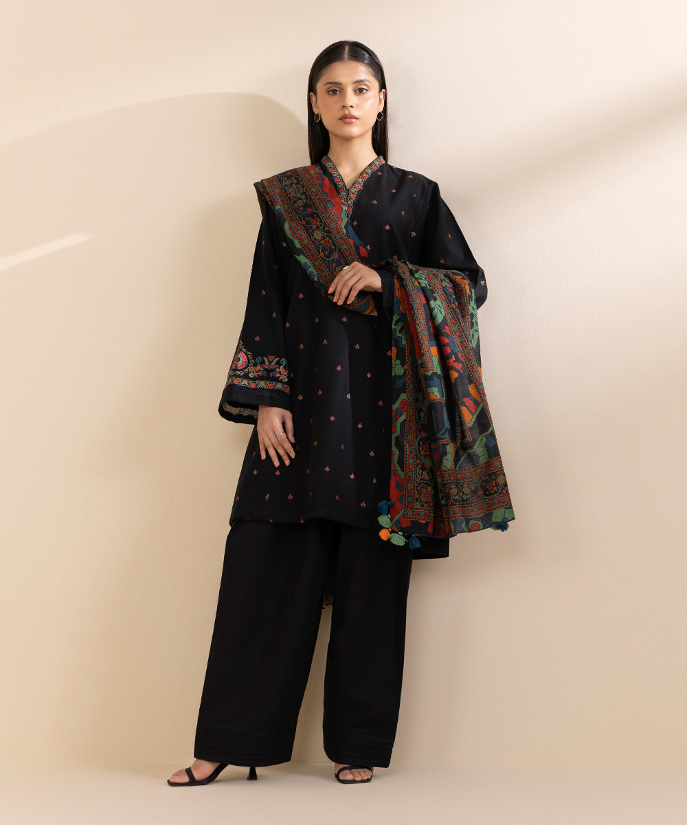 Women's Unstitched Khaddar Embroidered Black 3 Piece Suit