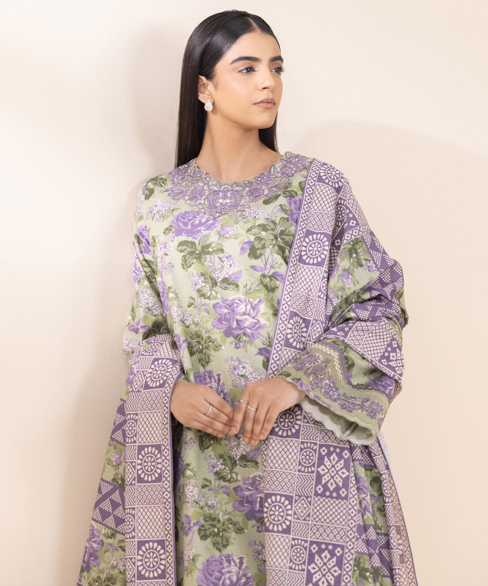 Women's Unstitched Khaddar Embroidered Purple 3 Piece Suit