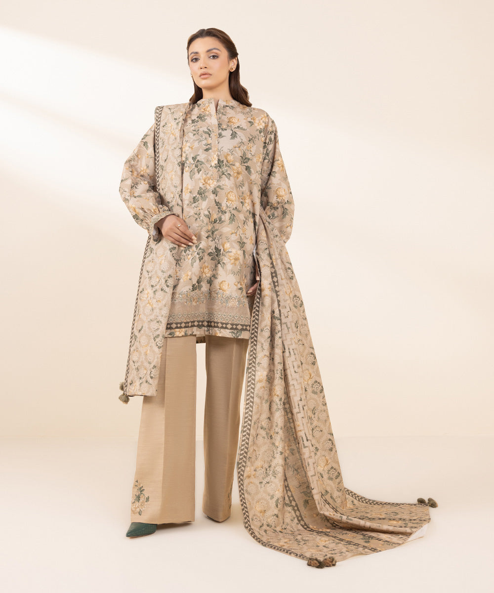 Women's Unstitched Khaddar Embroidered Beige 3 Piece Suit