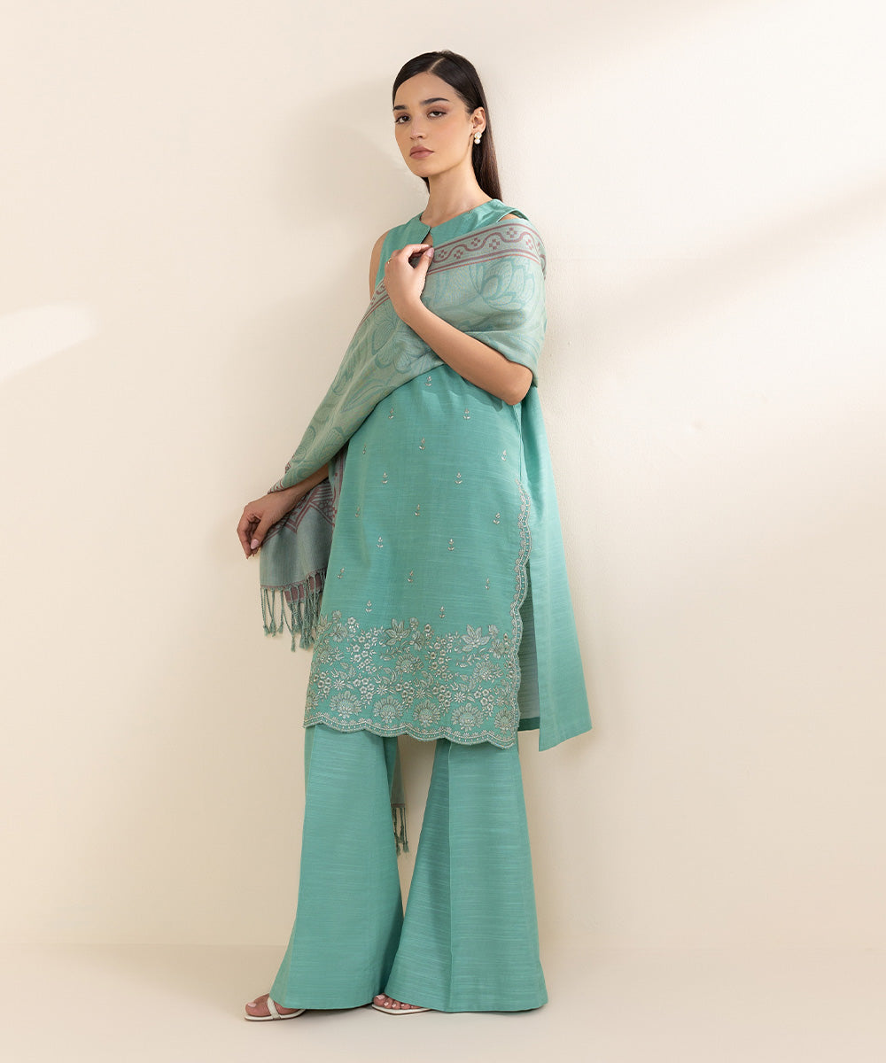 Women's Unstitched Cambric Embroidered Green 3 Piece Suit