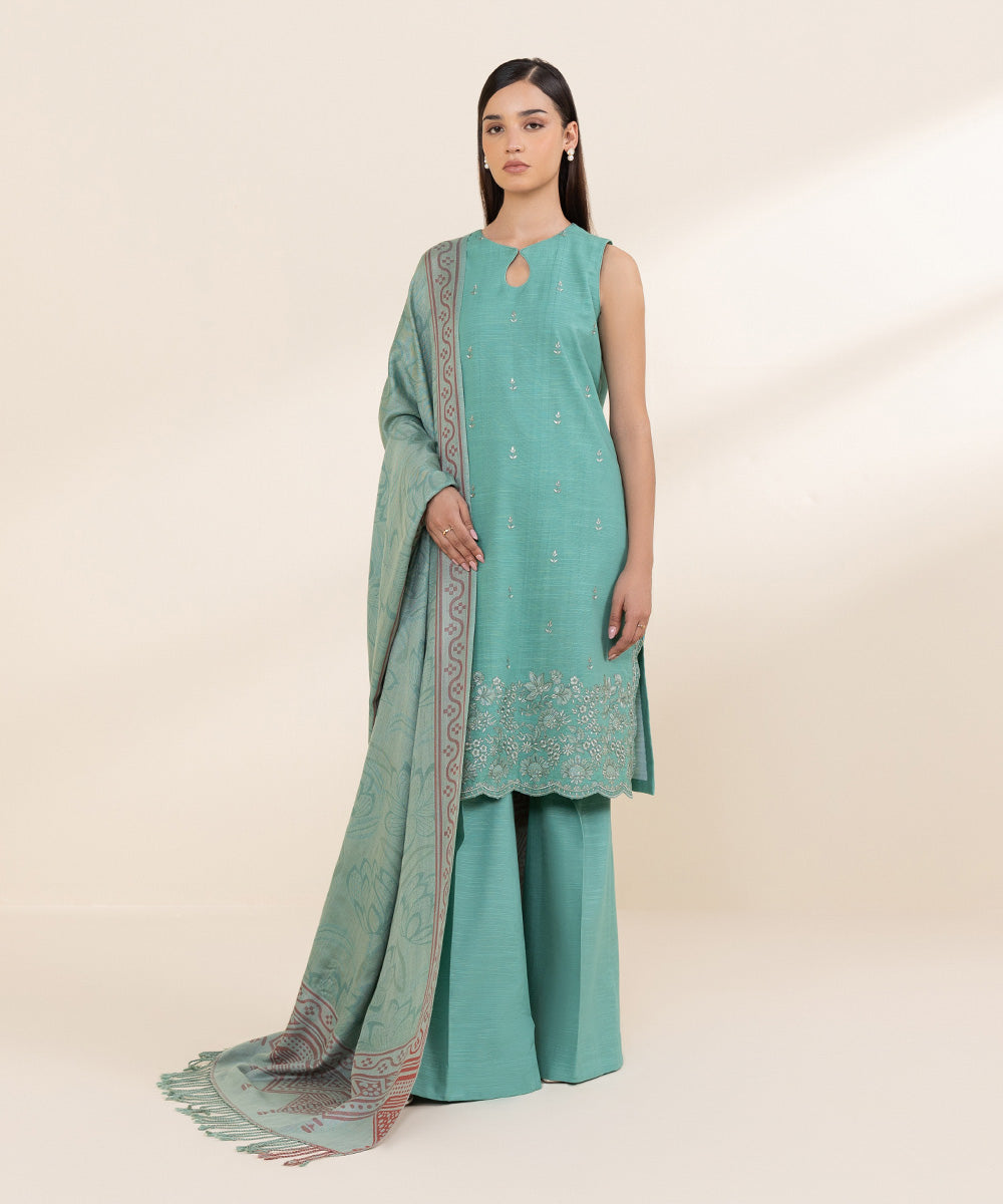 Women's Unstitched Cambric Embroidered Green 3 Piece Suit