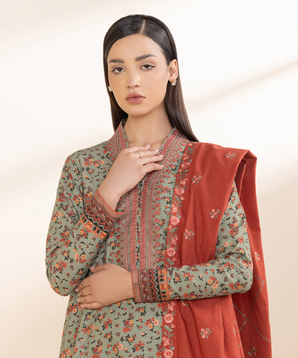 Women's Unstitched Light Khaddar Multi Embroidered 3 Piece Suit 