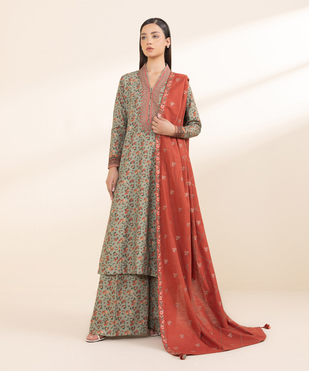 Women's Unstitched Light Khaddar Multi Embroidered 3 Piece Suit 