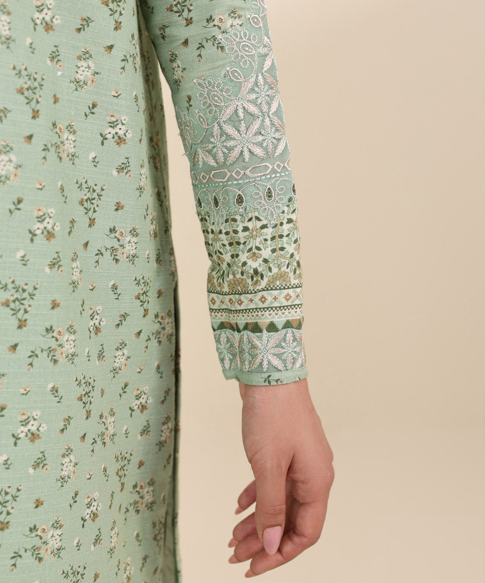 Women's Unstitched Cambric Green Embroidered 3 Piece Suit 