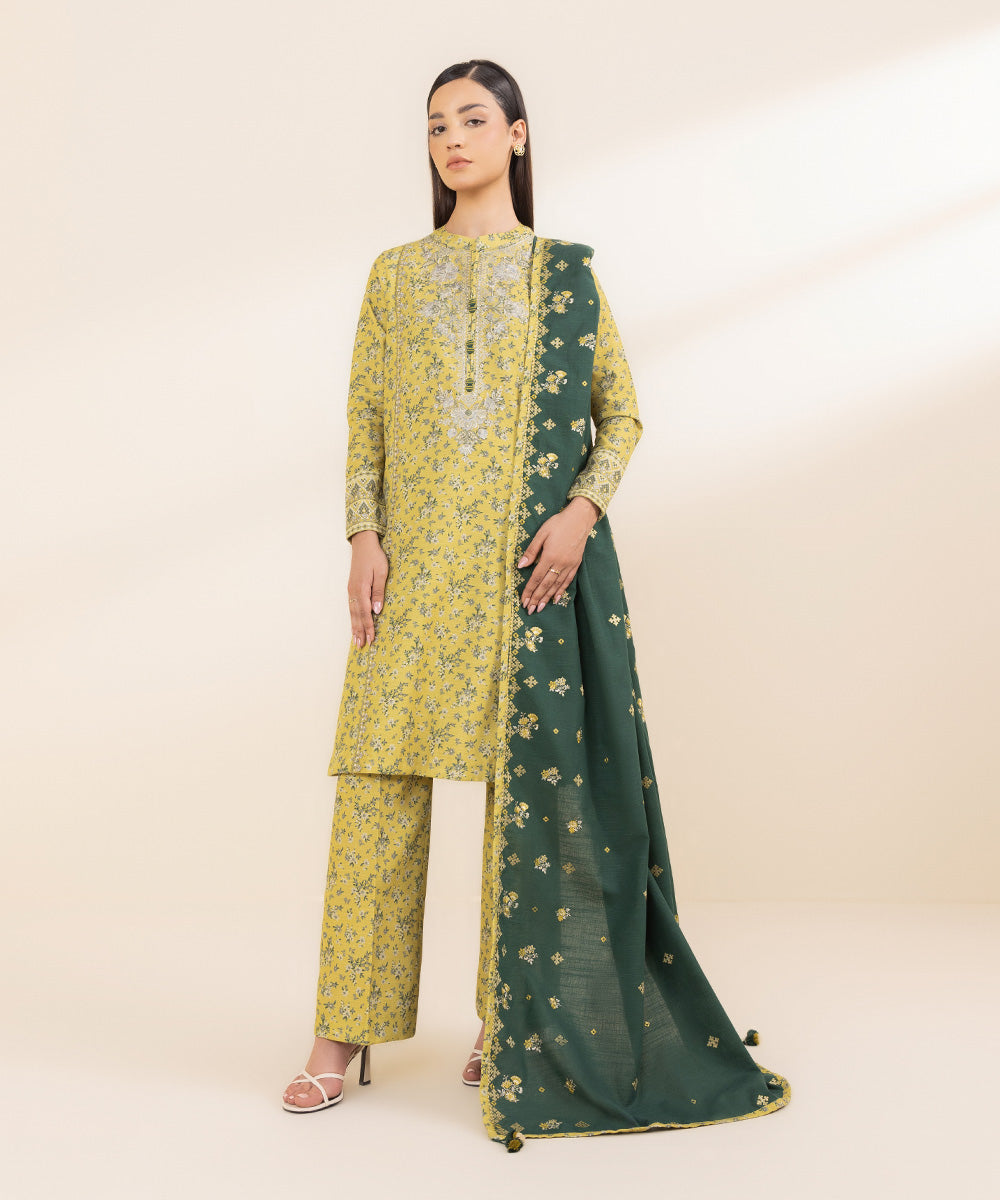 Women's Unstitched Cambric Yellow Embroidered 3 Piece Suit 