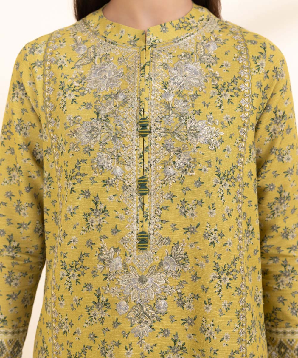 Women's Unstitched Cambric Yellow Embroidered 3 Piece Suit 