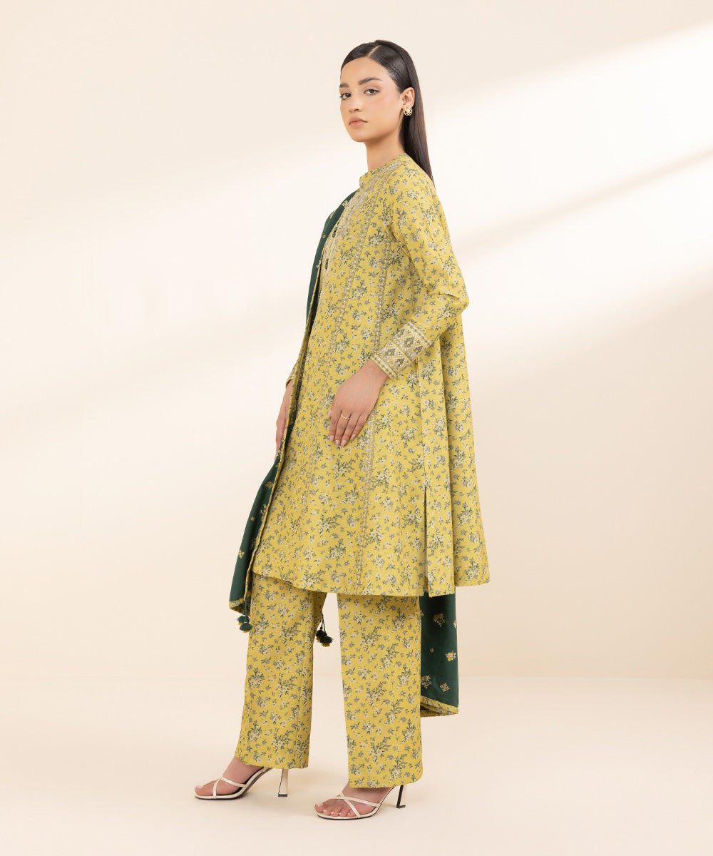 Women's Unstitched Cambric Yellow Embroidered 3 Piece Suit 