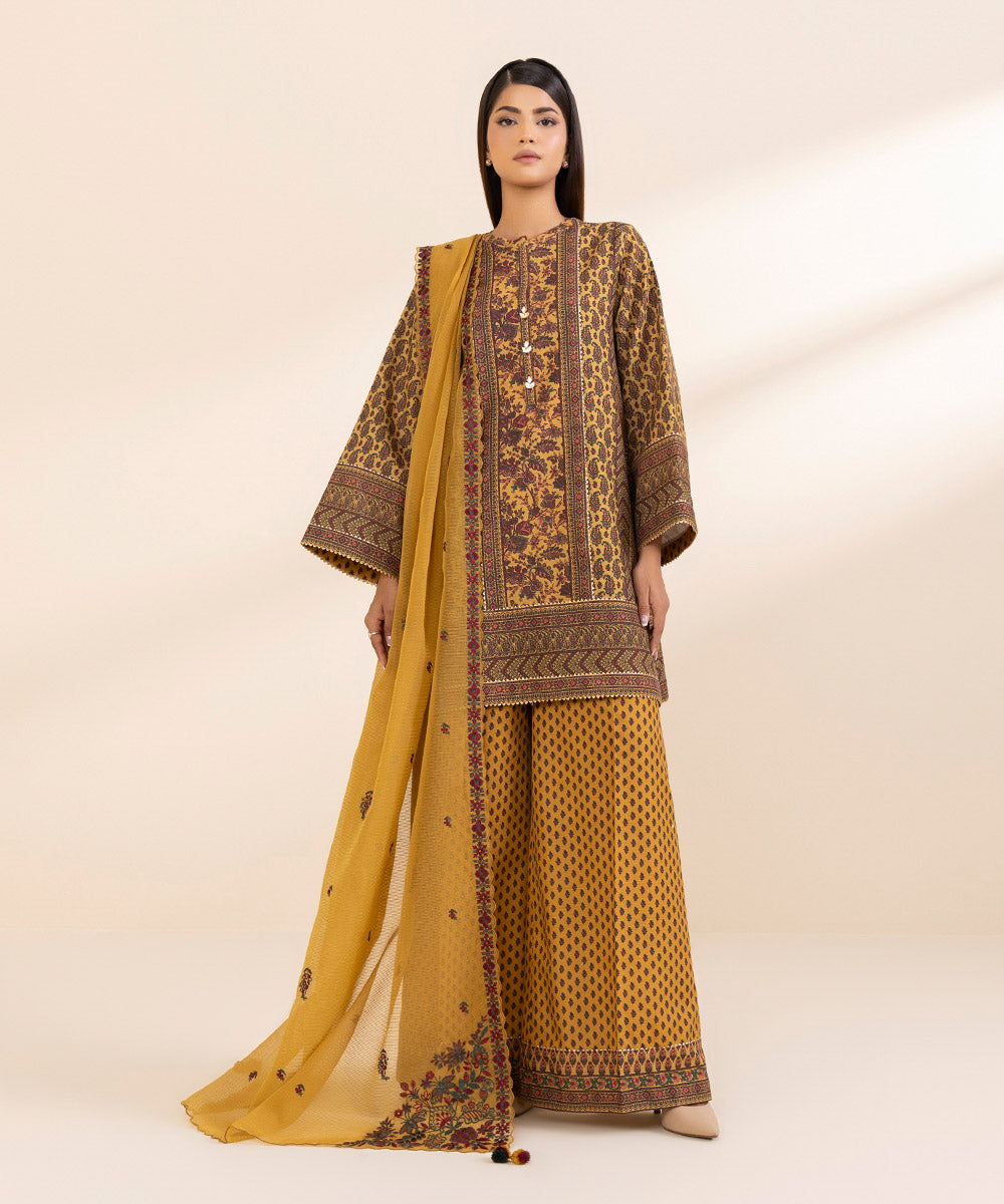 Women's Unstitched Khaddar Embroidered Yellow 3 Piece Suit