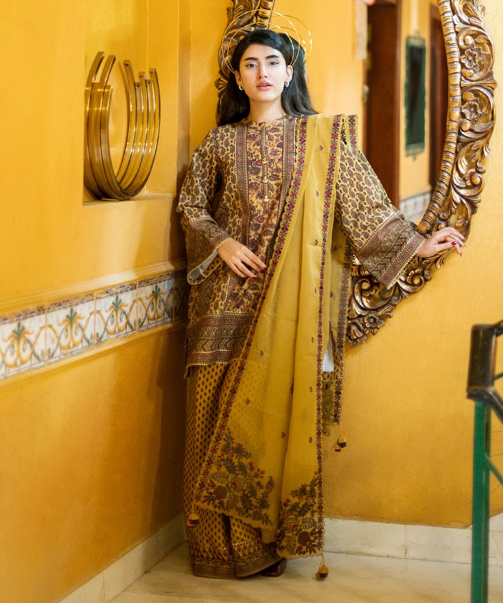 Women's Unstitched Khaddar Embroidered Yellow 3 Piece Suit