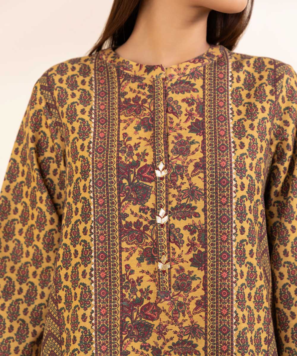 Women's Unstitched Khaddar Embroidered Yellow 3 Piece Suit