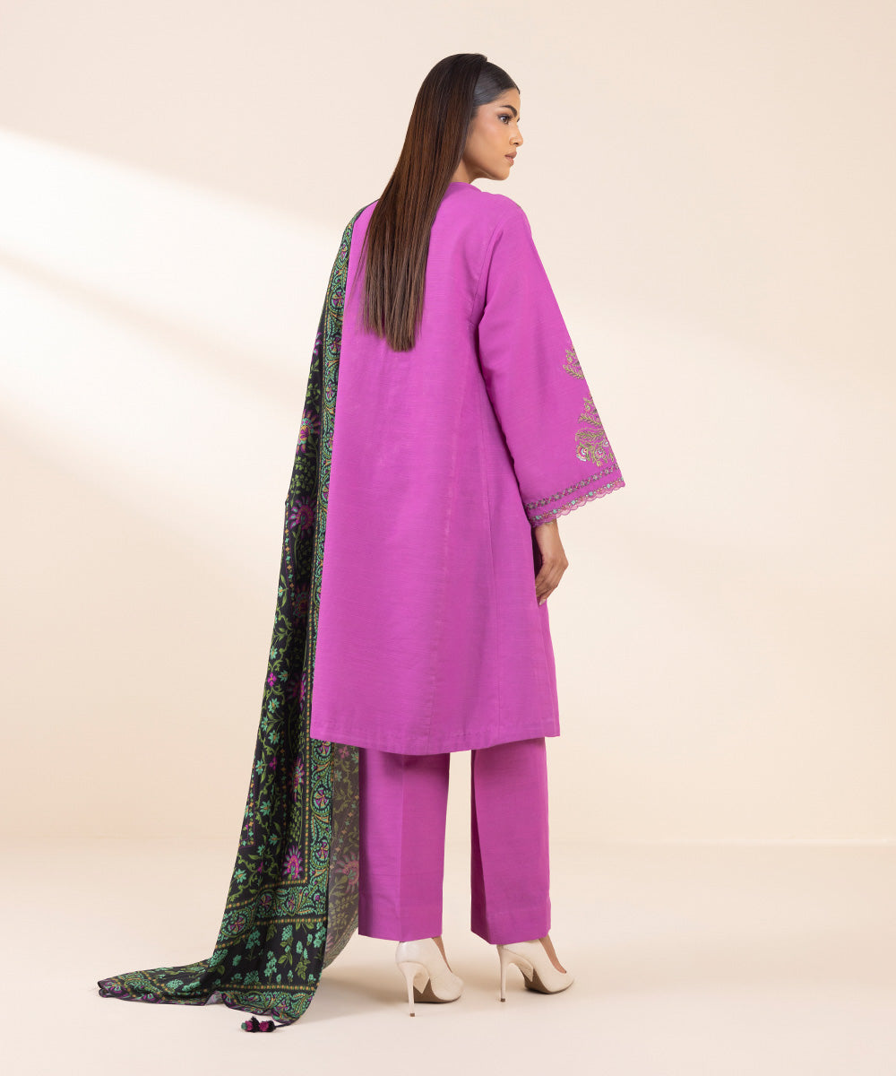 Women's Unstitched Khaddar Embroidered Purple 3 Piece Suit