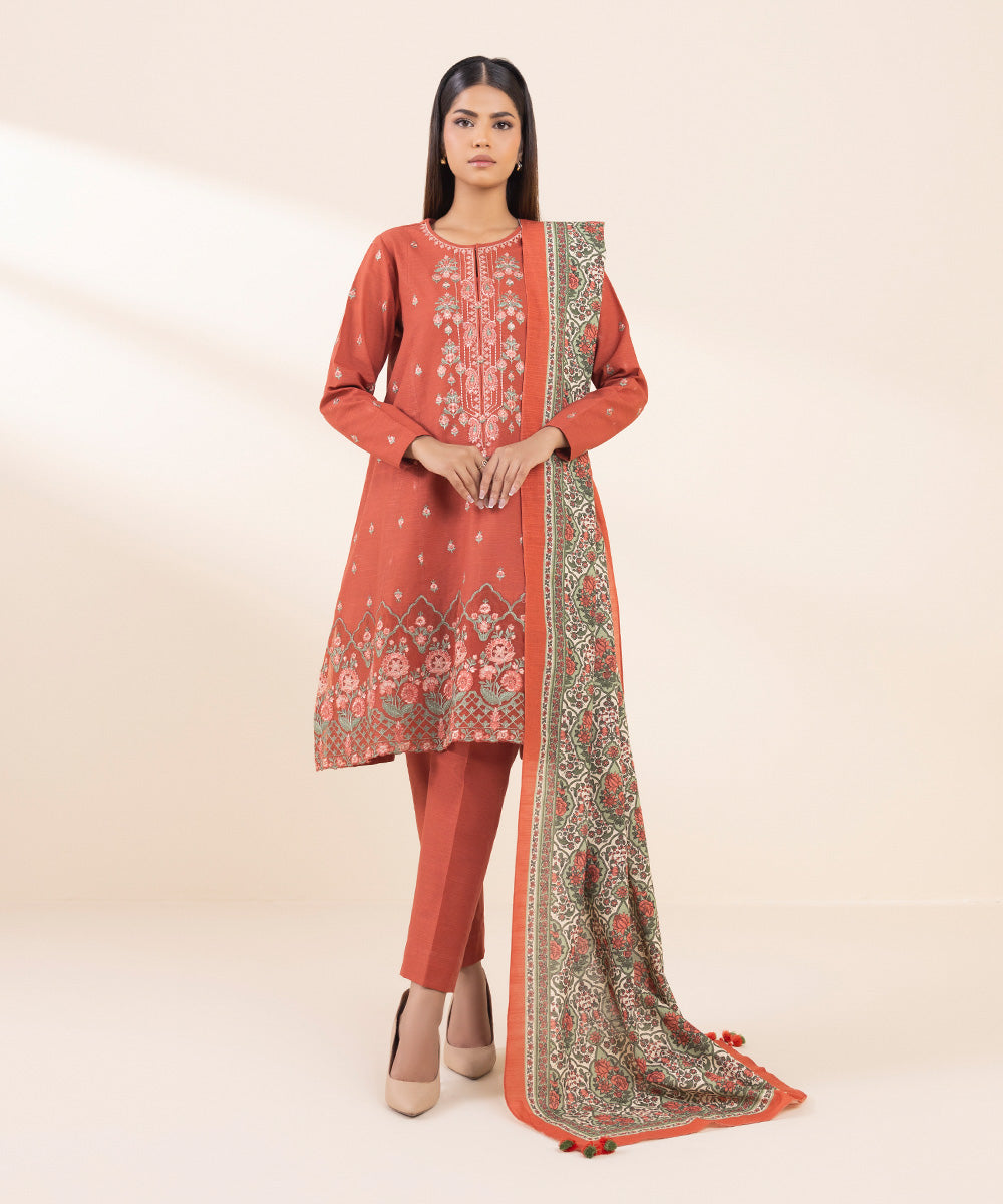 Women's Unstitched Khaddar Embroidered Red 3 Piece Suit