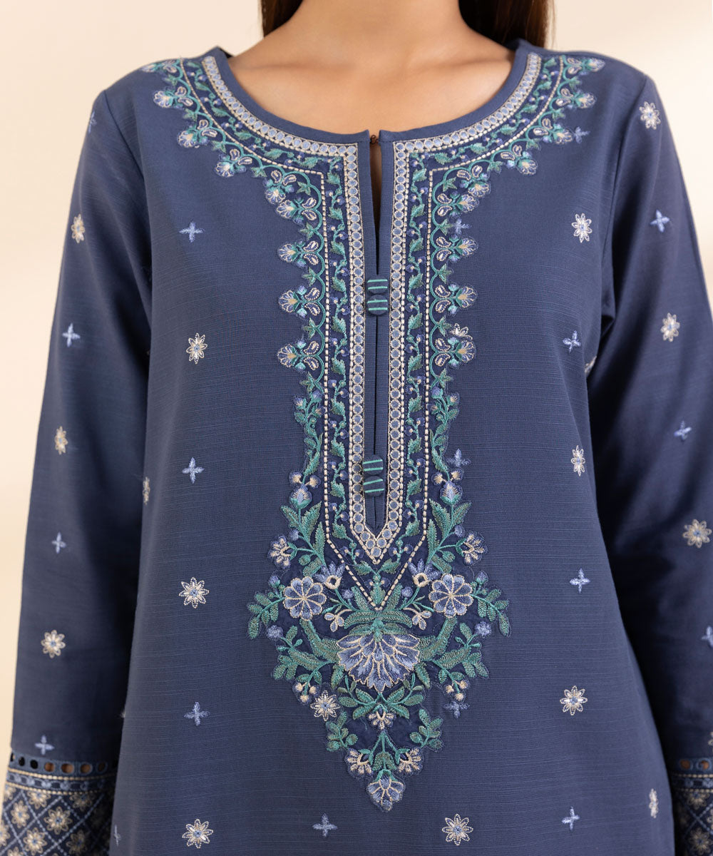 Women's Unstitched Khaddar Embroidered Blue 3 Piece Suit