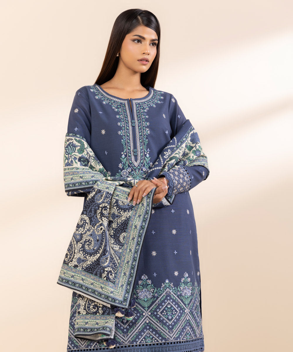 Women's Unstitched Khaddar Embroidered Blue 3 Piece Suit