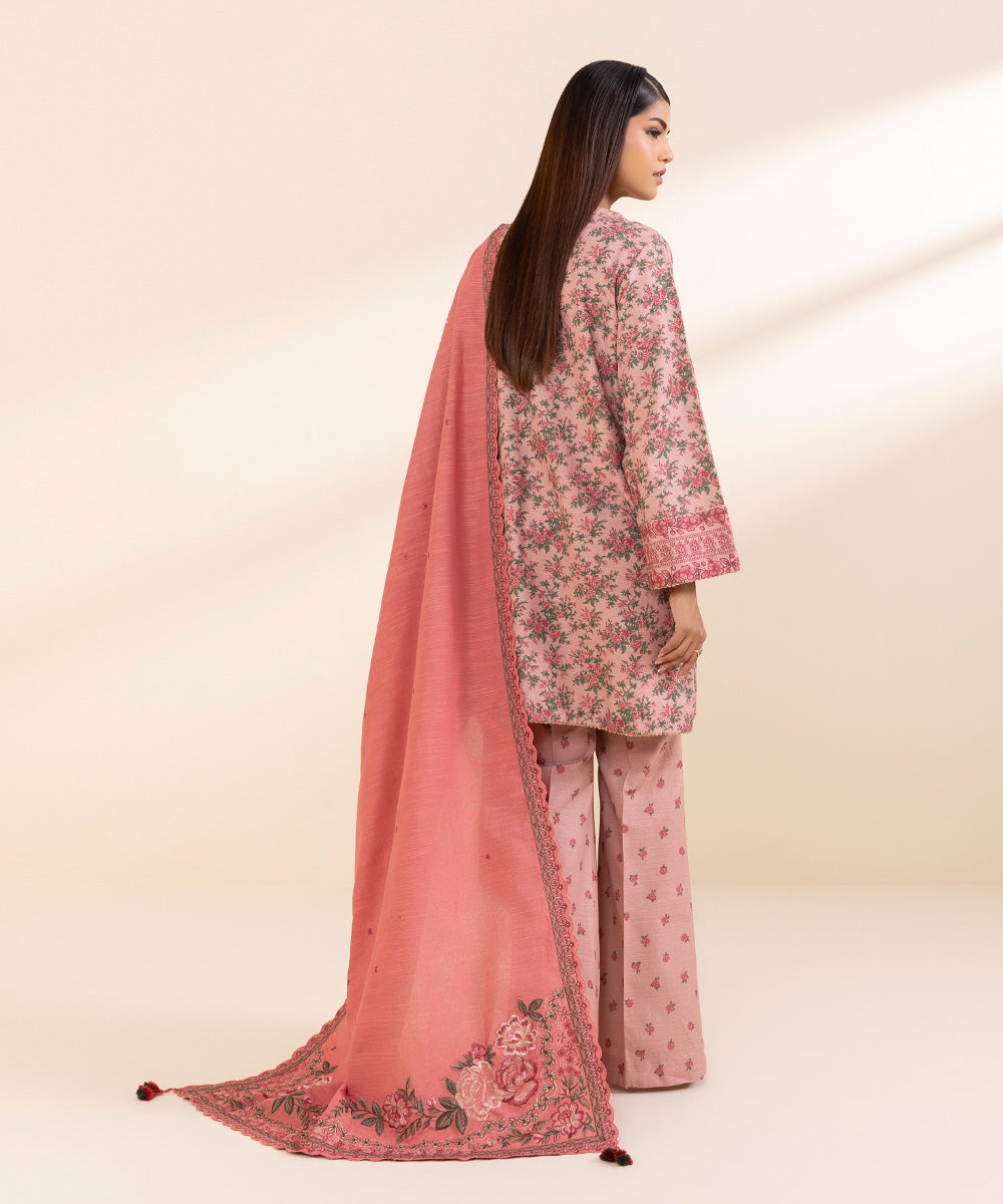 Women's Unstitched Khaddar Embroidered Pink 3 Piece Suit